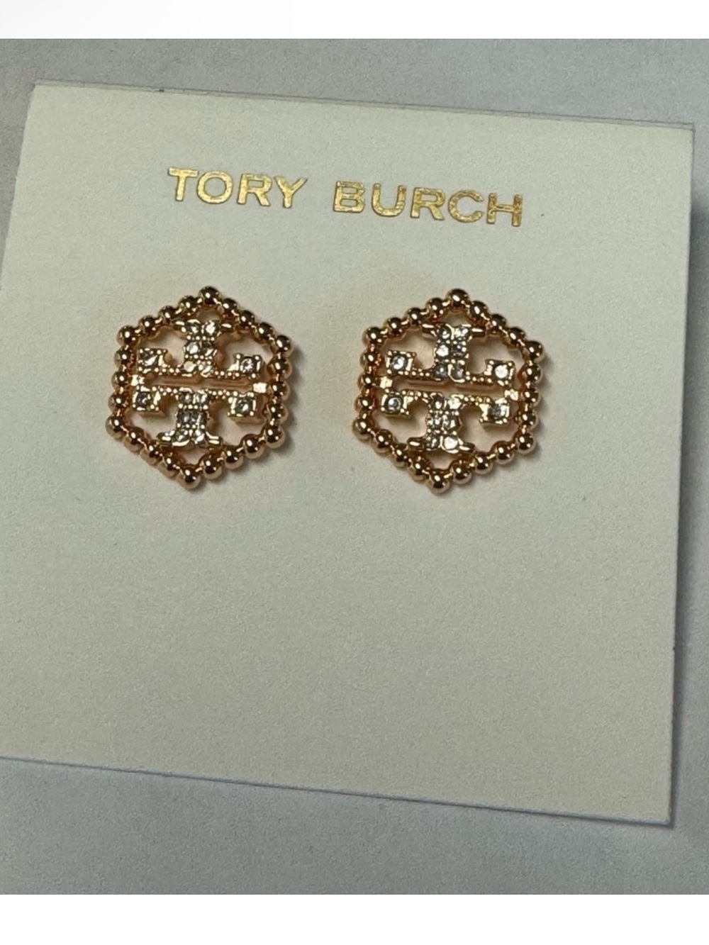 Tory Burch New Milgrain Hex Pavé Rose Gold Stud Earrings $139